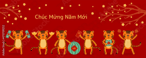 2022 Lunar New Year Tet cute tigers, red envelope, rice cakes, watermelon, gold, apricot flowers, Vietnamese text Happy New Year. Hand drawn vector illustration. Flat style design. Holiday concept