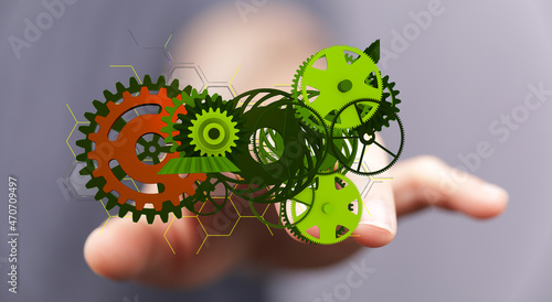 Mechanism green gears and cogs at work on black background. Industrial machinery. 3D illustration. 3D high quality rendering.