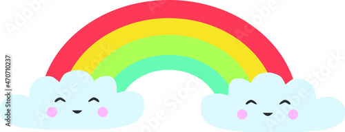 Vector illustration of rainbow and smiling clouds in cartoon style