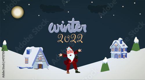 Wallpaper Mural Santa Claus with a big sign. Happy New Year and Merry Christmas! Holiday greeting card 2022. Winter houses and hipster Santa Claus Isolated vector illustration. Torontodigital.ca
