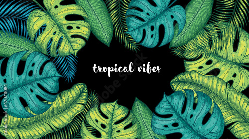 Tropical vector illustration with palm leaves hand drawn. Jungle illustration. Summer design.