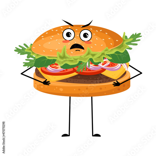 Cute character hamburger with angry emotions, grumpy face, furious eyes, arms and legs. Irritated fast food person, sandwich with furious expression. Vector flat illustration of product