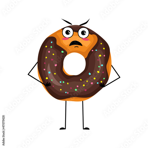 Cute glazed donut character with angry emotions, grumpy face, furious eyes, arms and legs. Irritated man baking dessert with furious expression. Vector flat illustration