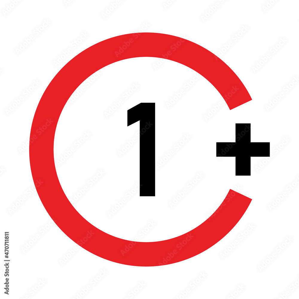 1 plus sign. One. Age restrictions, censorship and parental control. Icon for content, movies, food, juice and toys. 1 plus sign. One. Age restrictions, censorship and parental control. Icon for content, movies, food, juice and toys.