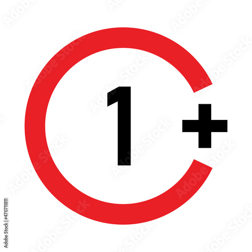 1 plus sign. One. Age restrictions, censorship and parental control. Icon for content, movies, food, juice and toys.