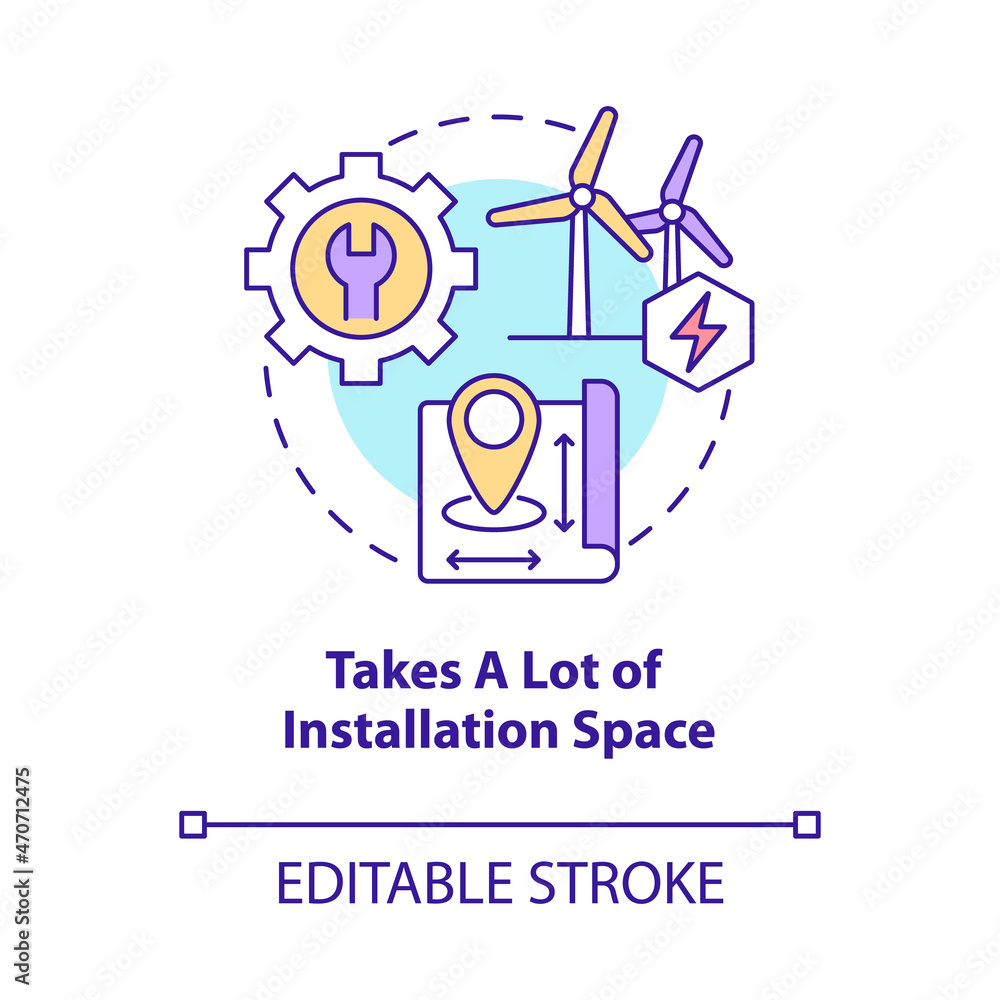 Takes lot of installation space concept icon. Renewable energy disadvantage abstract idea thin line illustration. Building wind and solar farms. Vector isolated outline color drawing. Editable stroke Takes lot of installation space concept icon. Renewable energy disadvantage abstract idea thin line illustration. Building wind and solar farms. Vector isolated outline color drawing. Editable stroke