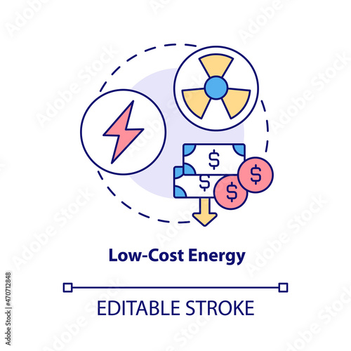 Low-cost energy concept icon. Nuclear energy advantage abstract idea thin line illustration. Cost competitive power source. Cheapest option. Vector isolated outline color drawing. Editable stroke