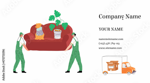 Vector business card layout with two movers carrying a sofa with plant and dog on their hands. The concept moving, cargo transportation, delivery, installation of home appliances.