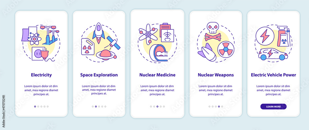 Nuclear energy usage onboarding mobile app page screen. Space exploration walkthrough 5 steps graphic instructions with concepts. UI, UX, GUI vector template with linear color illustrations