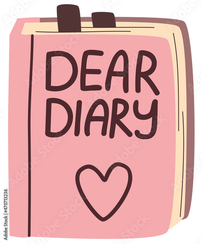 Hand drawn cute illustration of pink 
diary with bookmarks. Flat vector sticker in simple colored doodle style. Dear diary lettering phrase. Isolated on white background.
