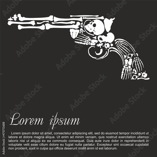 Colt revolver, cowboy gun. Creepy Guns Made from Bones. Human bones laid out in the shape of a gun. T-shirt print design.