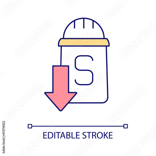 Lower salt consumption RGB color icon. Sodium intake reduction. Healthy diet. Prevent disorders of heart and joints. Isolated vector illustration. Simple filled line drawing. Editable stroke