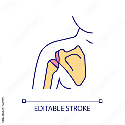 Shoulder joint RGB color icon. Body part. Human anatomy. Joints and bones disorder. Shoulder trauma and injury. Isolated vector illustration. Simple filled line drawing. Editable stroke