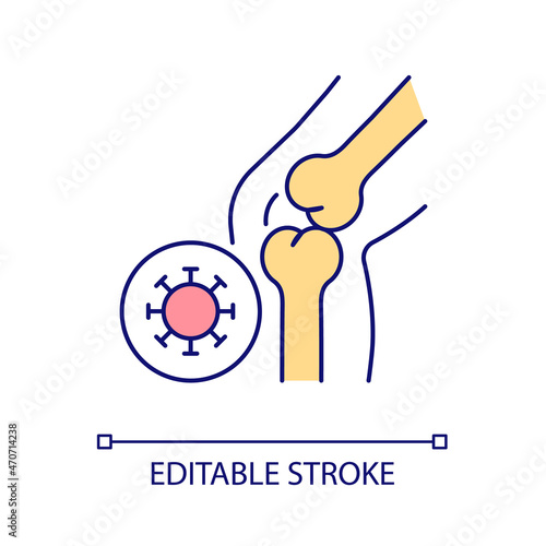 Knee joint infection RGB color icon. Joints and bones viral disorder. Arthritis and arthrosis. Knee trauma and injury. Isolated vector illustration. Simple filled line drawing. Editable stroke
