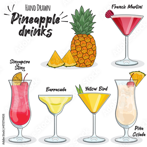 Pineapple Drinks Set Pina Colada Yellow Bird Singapore Sling Barracuda and French Martini