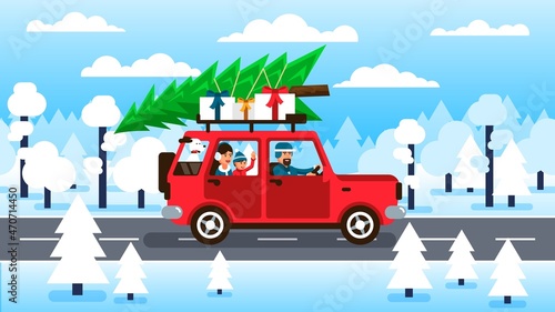 Family car with Christmas tree on roof rack. Family is going to the Christmas holidays. Vector illustration.