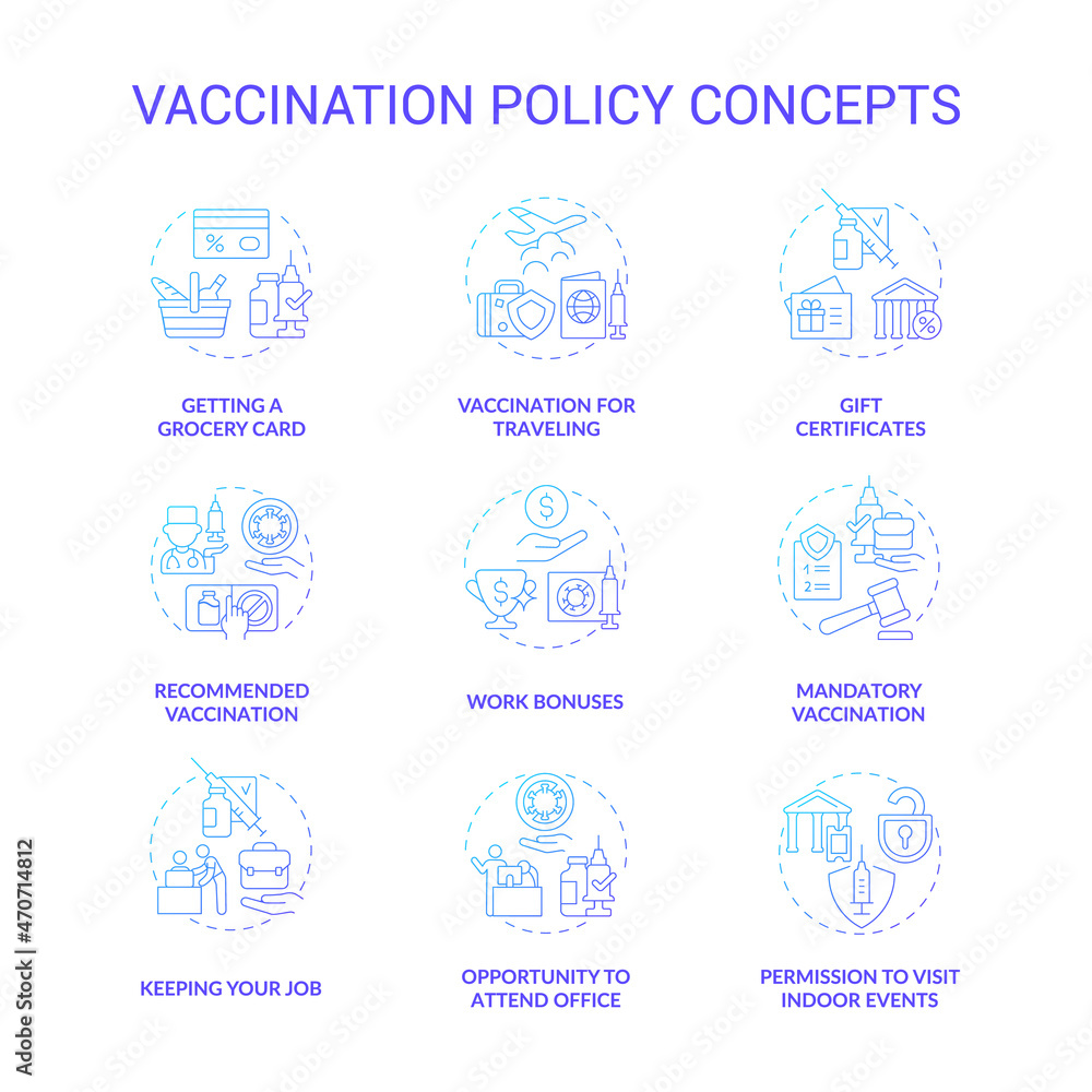 Vaccination policy blue gradient concept icons set. Vaccination against coronavirus idea thin line color illustrations. Opportunity to attend office. Get grocery card. Vector isolated outline drawings