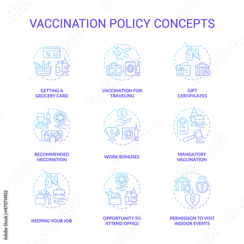 Vaccination policy blue gradient concept icons set. Vaccination against coronavirus idea thin line color illustrations. Opportunity to attend office. Get grocery card. Vector isolated outline drawings