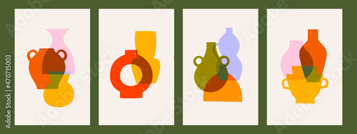 Set of four pre-made cards or posters. Various ceramic Vases. Different shapes. Colored layered silhouettes. Antique, ancient ceramics. Pottery concept. Stamp texture. Hand drawn Vector illustrations 