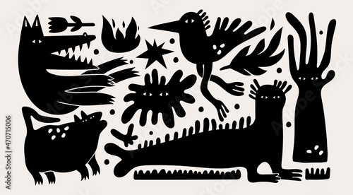 Various strange creatures. Abstract imaginary fauna. Fictional, fantastic animals, birds. Cute disproportionate monsters. Black trendy Vector set. Hand drawn illustration. All elements are isolated