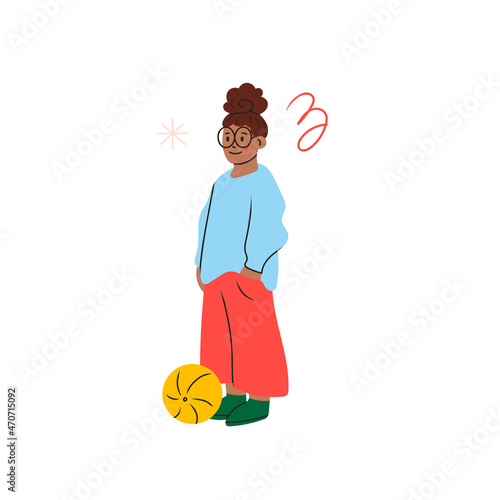 Girl with glasses standing with a ball. Young child in trendy casual clothes. Modern outfit. Cool fashion look. Hand drawn Vector isolated illustration. Happy Youth, childhood concept