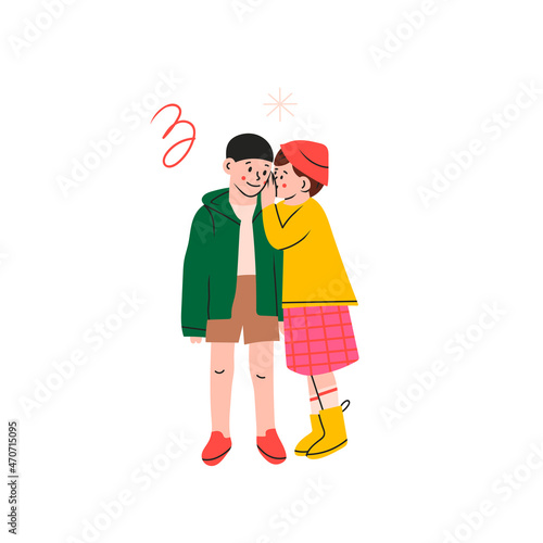 Two kids standing together and whispering secrets. Children in trendy casual clothes. Different outfit. Cool fashion look. Hand drawn Vector isolated illustration. Happy Youth, childhood concept