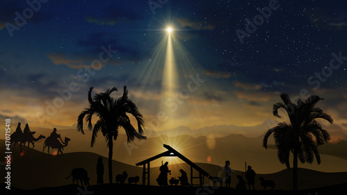Fotografie Christmas Nativity Scene with animals and trees on starry sky