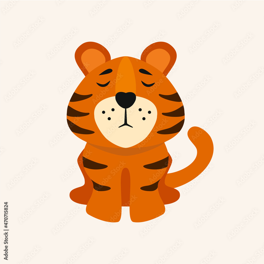 Cute cartoon striped tiger. Happy chinese New Year 2022 and Merry Christmas. Printing for children's T-shirts, greeting cards, posters. Vector illustration Cute cartoon striped tiger. Happy chinese New Year 2022 and Merry Christmas. Printing for children's T-shirts, greeting cards, posters. Vector illustration