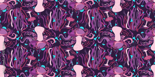 Fantasy seamless pattern with various mushrooms. Beautiful magic damask pattern, hand drawn concept background. Vector illustration