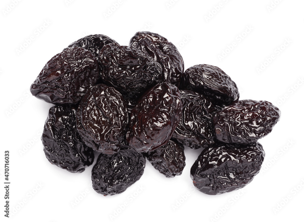 Heap of sweet dried prunes on white background, top view Heap of sweet dried prunes on white background, top view
