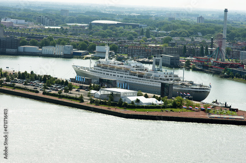 Aerial view of the Rotterdam skyline with in the foreground a large cruise ship in the netherlands