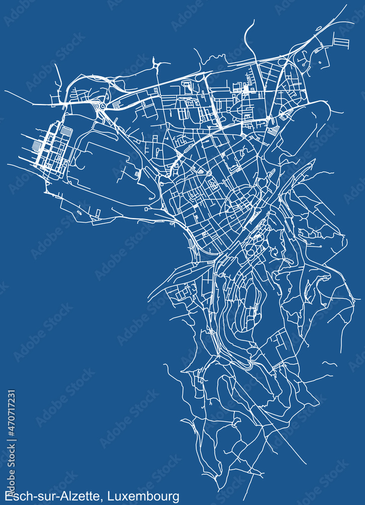 Detailed technical drawing navigation urban street roads map on blue background of Luxembourgish regional capital city of Esch-sur-Alzette, Luxembourg