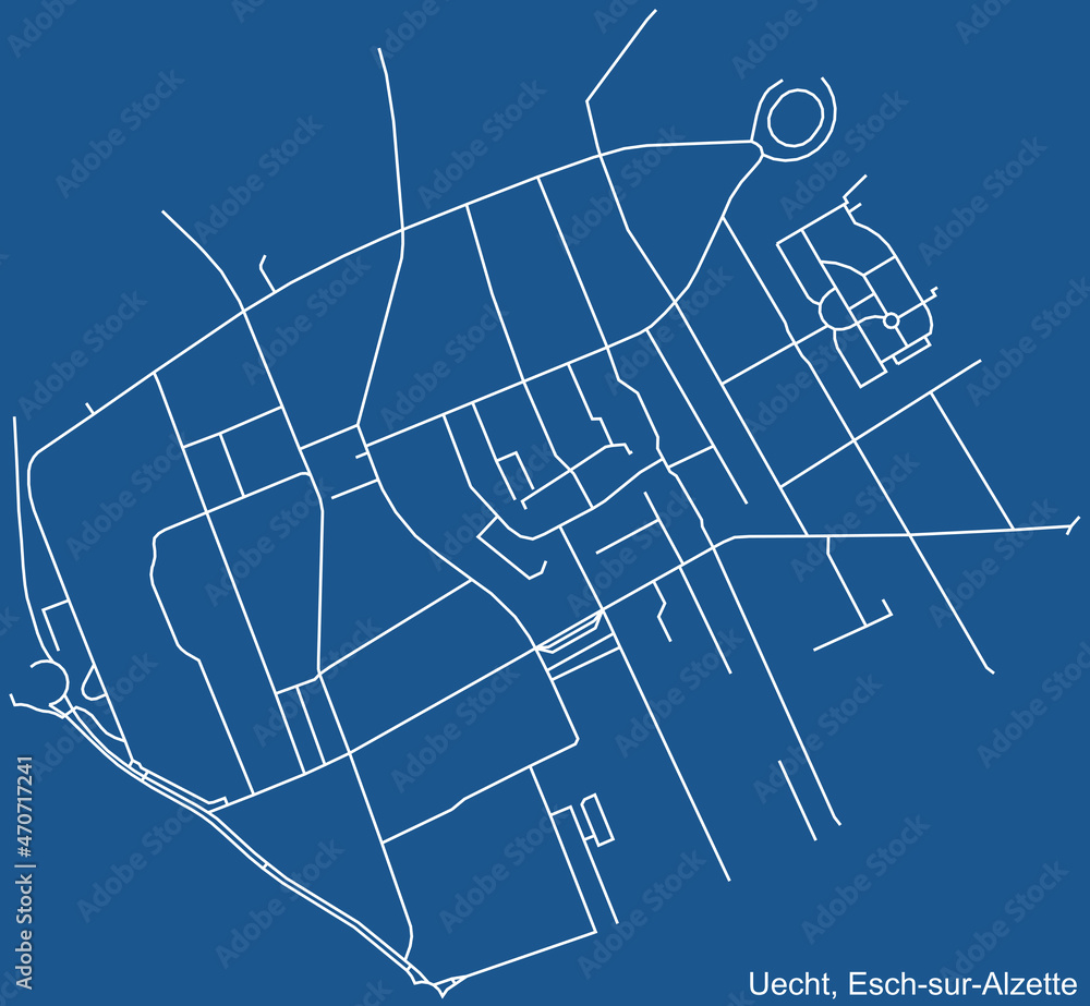 Detailed technical drawing navigation urban street roads map on blue background of the district Uecht Quarter of the Luxembourgish regional capital city of Esch-sur-Alzette, Luxembourg