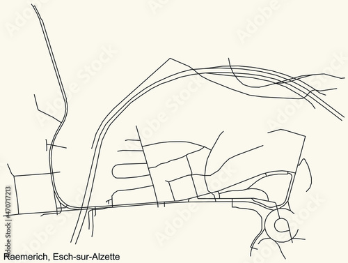 Detailed navigation urban street roads map on vintage beige background of the district Raemerich Quarter of the Luxembourgish regional capital city of Esch-sur-Alzette, Luxembourg photo