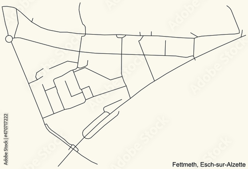 Detailed navigation urban street roads map on vintage beige background of the district Fettmeth Quarter of the Luxembourgish regional capital city of Esch-sur-Alzette, Luxembourg