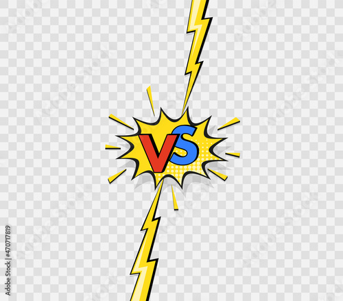 Lightning with versus spesh bubble. VS sign with halftone pop art banner. Comic superhero background. Funny bang cloud with dots on transparent backdrop. Cartoon vintage design. Vector illustration