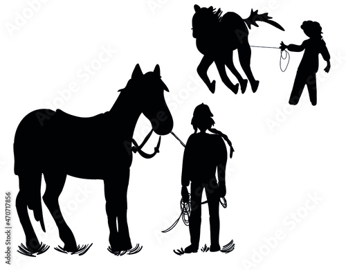 Black and white vector flat illustration   horse silhouettes set