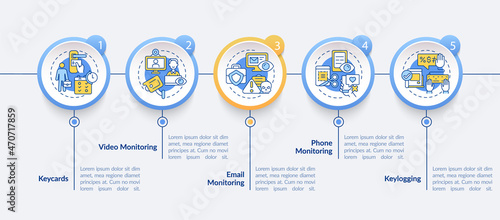 Employee monitoring methods vector infographic template. Work tracking presentation outline design elements. Data visualization with 5 step. Process timeline info chart. Workflow layout with line icon