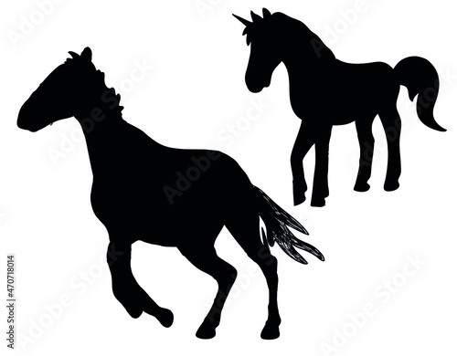 Black and white vector flat illustration:  horse silhouettes set © Nana