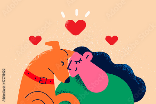 Happy woman hug dog show love and care