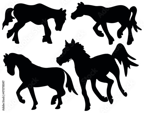 Black and white vector flat illustration   horse silhouettes set