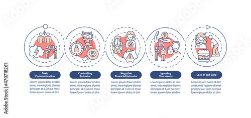 Relationship abuse vector infographic template. Toxic communication presentation outline design elements. Data visualization with 5 steps. Process timeline info chart. Workflow layout with line icons
