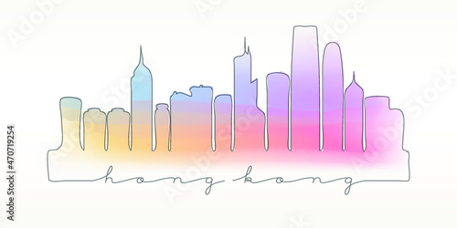 Hong Kong Skyline Watercolor City Illustration. Famous Buildings Silhouette Hand Drawn Doodle Art. Vector Landmark Sketch Drawing.