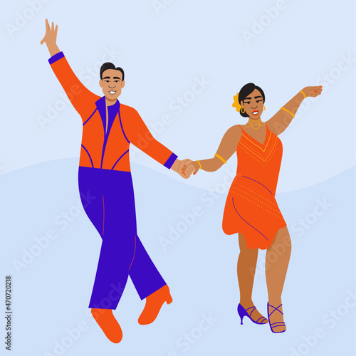 Illustration of professional ballroom dancers in bright outfits