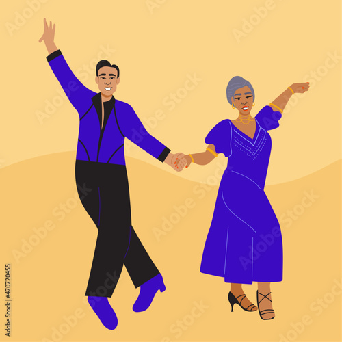 Illustration of professional ballroom dancers in bright outfits