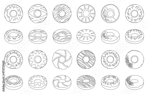 Sweet donut ouline vector set icon. Isolated icon chocolate and cream doughnut.Vector illustration donut of sprinkles dessert on white background .