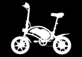 Silueta blanca de bici eléctrica sobre fondo negro. Transporte alternativo, verde y limpio