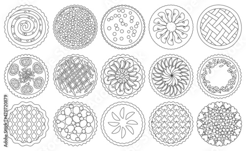 Cake top view vector illustration on white background. Vector ouline set icon cupcake. Isolated ouline set icon cake top view.