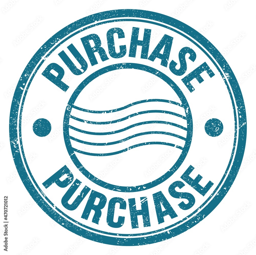 PURCHASE text written on blue round postal stamp sign PURCHASE text written on blue round postal stamp sign