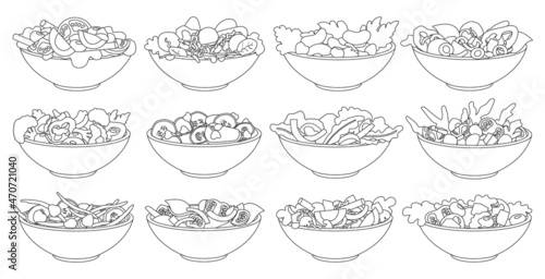 Vegetable salad isolated ouline set icon. Ouline vector set icon bowl lettuce. Vector illustration vegetable salad on white background.